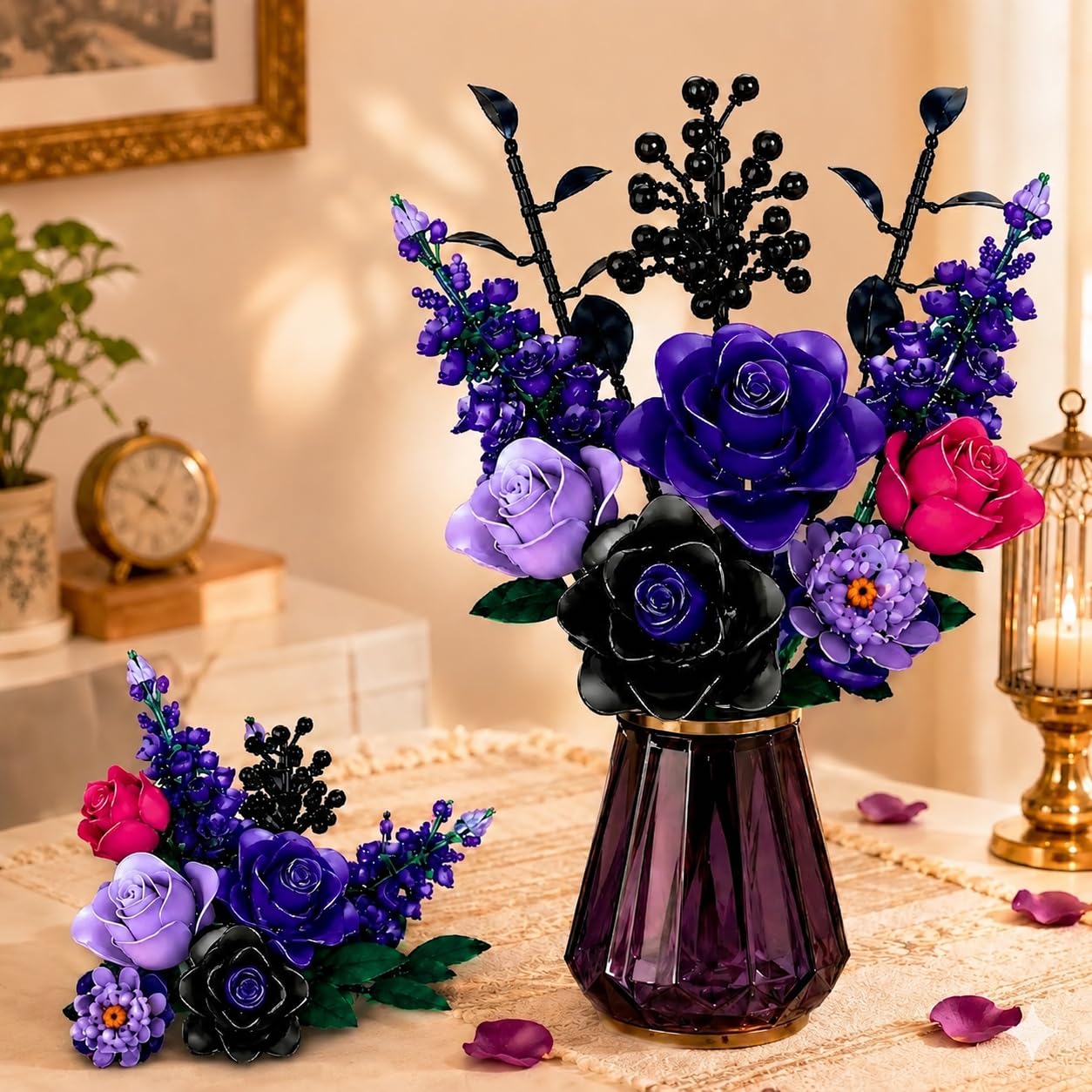 Flower Rose Bouquet Building Set, 701Pcs Gothic Purple Rose Building Kit, Artificial Floral Home Decor for Women Teens Adults, Mother's Day Birthdays Helloween Decor Gifts