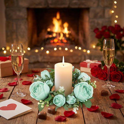 Artificial Rose Candle Rings Wreath Mini Floral Wreaths Pillar Candle Holder with Blooming Flowers and Green Leaves for Wedding Party Home Table Centerpieces Decor (Blue)