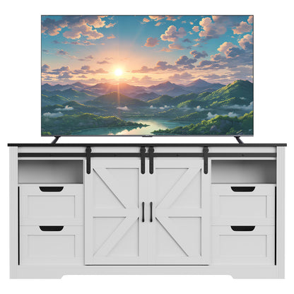 GarveeHome Farmhouse TV Stand for Up to 70 Inch TVs, 66" Entertainment Center w/4 Drawers & Sliding Barn Door, Media Console w/Storage Shelves, Wood Television Stand for Living Room- White