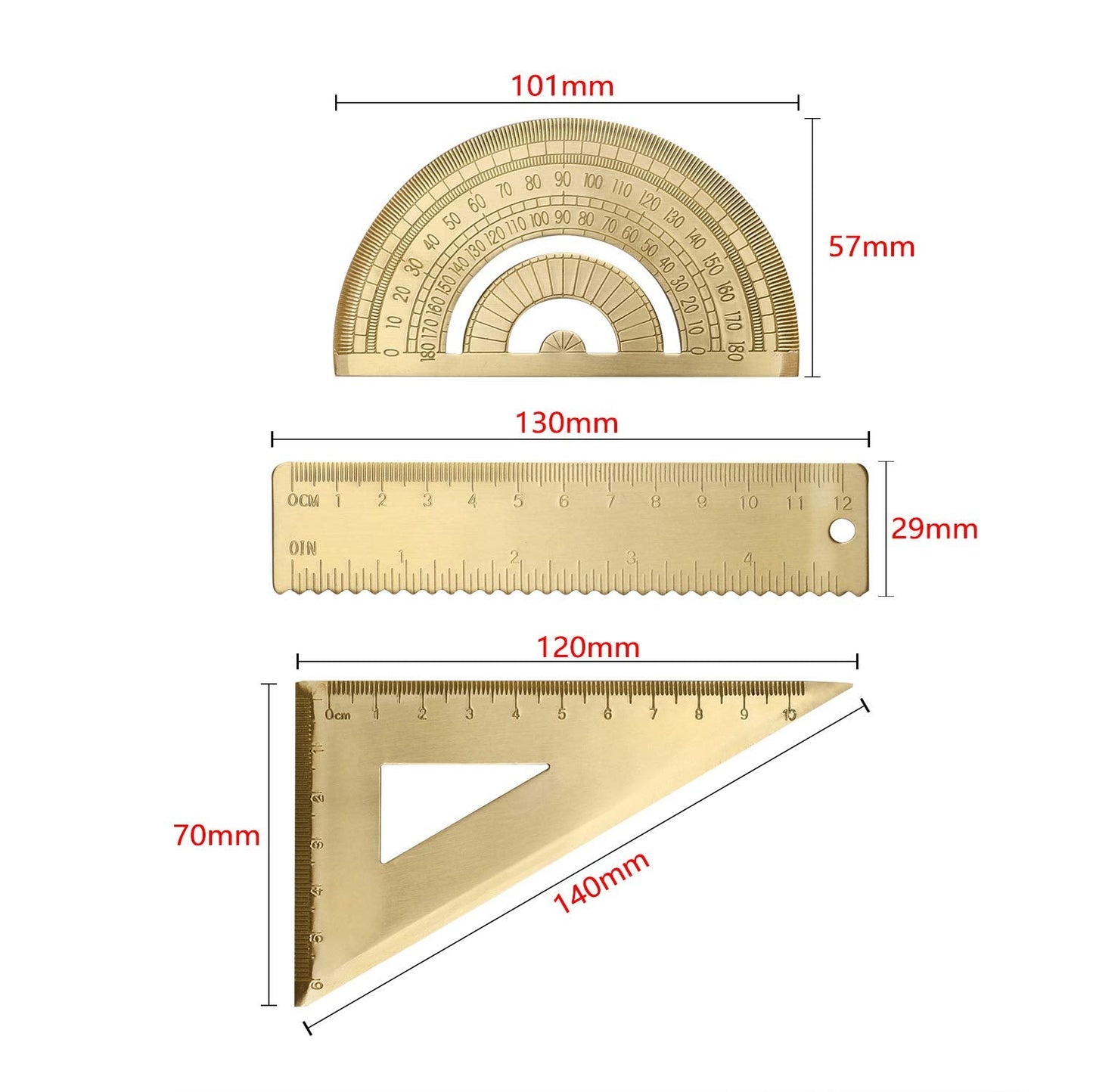 3 Packs Brass Triangle Ruler Protractor Set, Geometry Scale Ruler, Math Semicircle Protractor, Triangular Square Ruler, Drafting Tool Kit for Students Architects Engineers