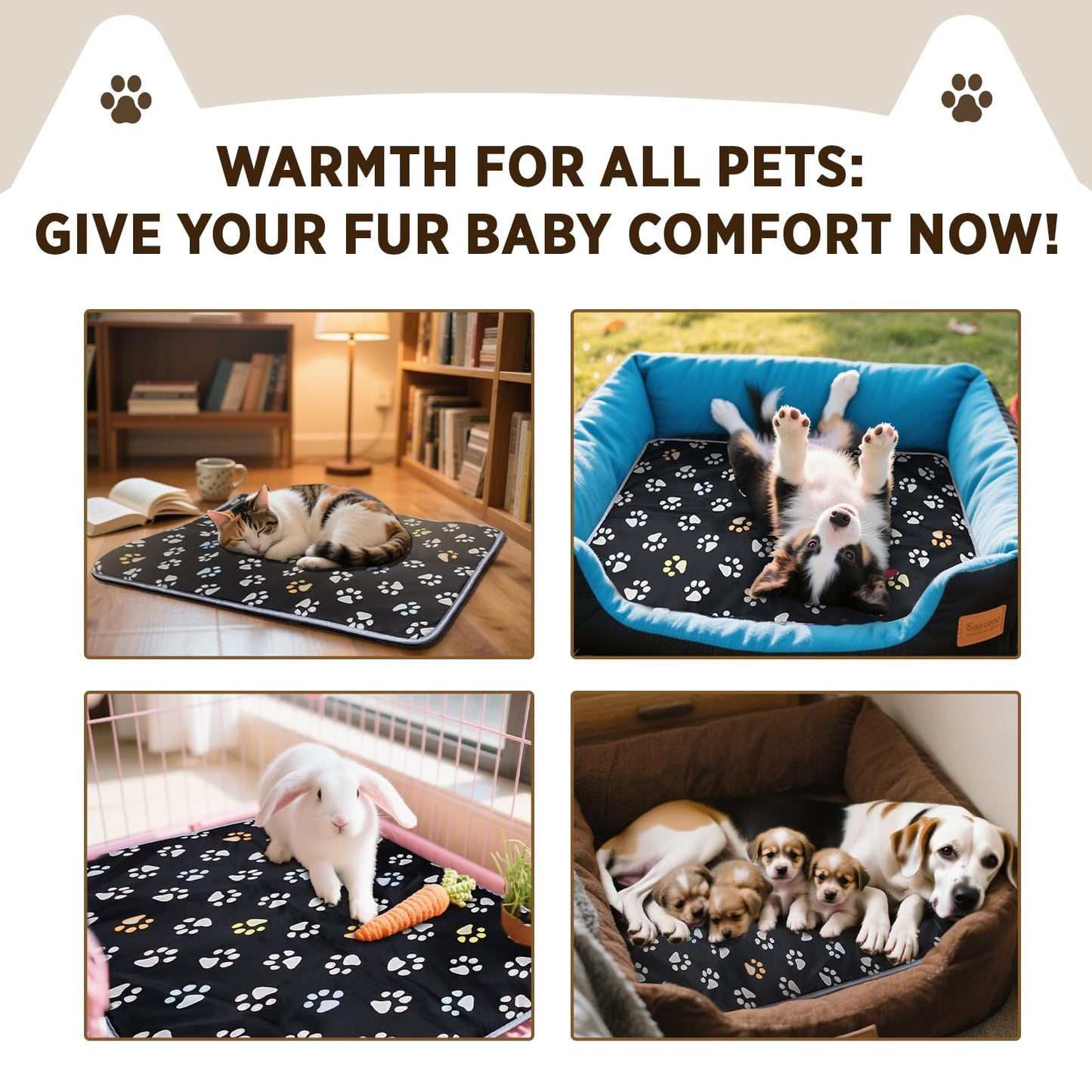 furrybaby Pet Heating Pad, Waterproof Dog Heating Pad Mat for Cat with Durable Anti-Bite Tube Indoor for Puppies Dogs Cats (1 Pack Black, 17 X 17in, Temp Adjustable)