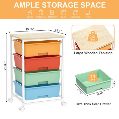 Utility-Rolling-Storage-Drawer-Craft-Cart-Organizer with 4 Drawers and Wooden Tabletop & Lockable Wheels for Home Office, Bedroom, Kids Room, Classroom, 4 Tiers Under Desk Drawer Cart, Macaron