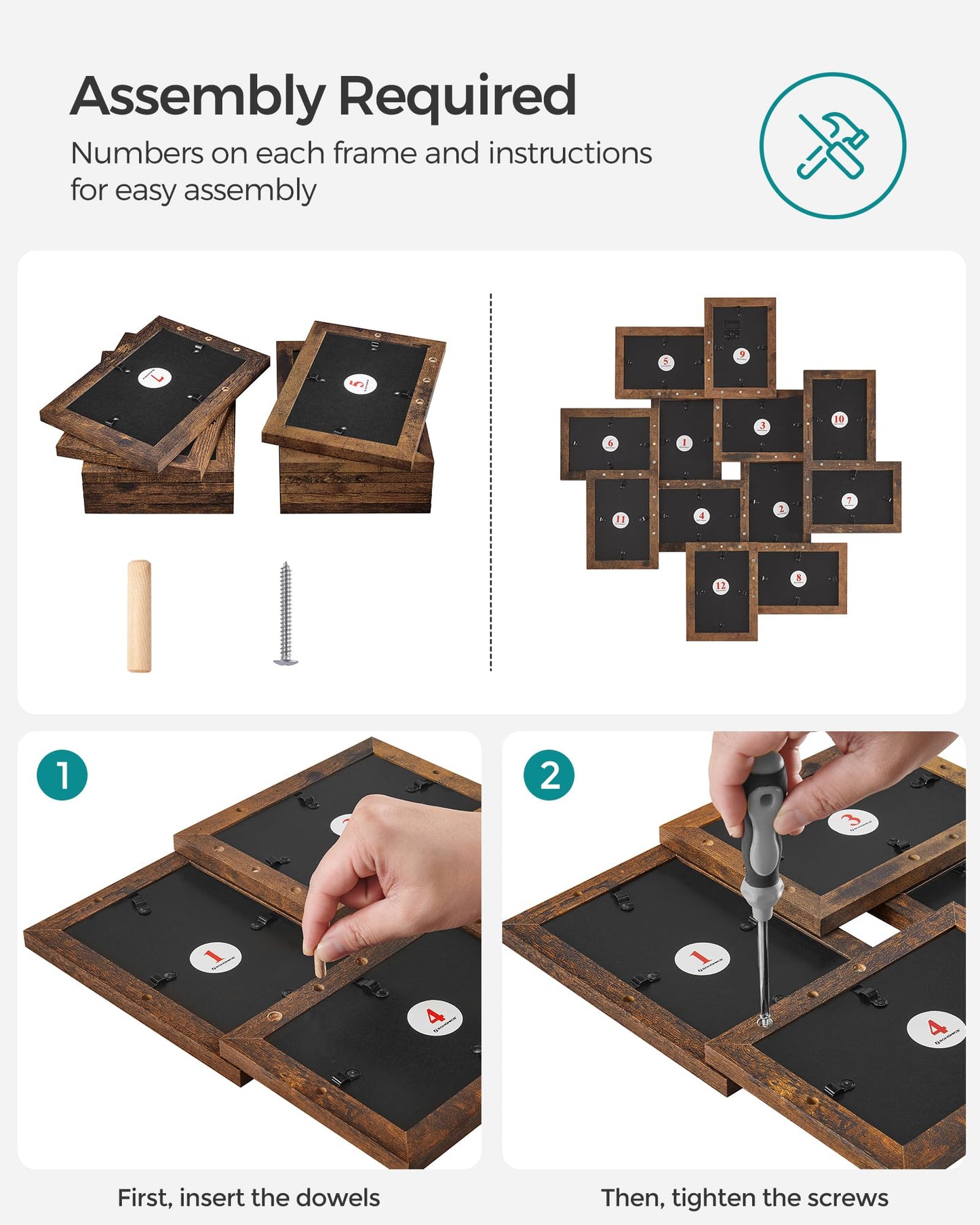 SONGMICS 4x6 Picture Frames Collage Wall Decor, 12-Pack Photo Collage Frame, Multi Picture Frame Set with Glass Front, Assembly Required, Rustic Brown URPF022X01