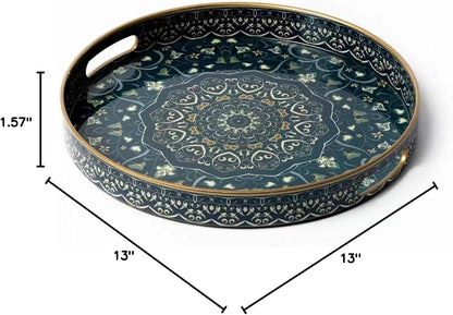Round Serving Tray with Handles - Large Round Ottoman Tray Coffee Table Tray,Plastic Decorative Trays for Coffee