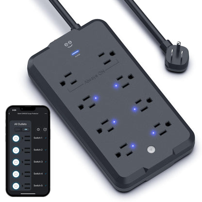 Geeni Smart Plug Power Strip, 6 Outlets and 2 USB Ports, 6 ft. Cord, Surge Protector with Voice Control, WiFi Control, Compatible with Alexa & Google Home, No Hub Required, Black