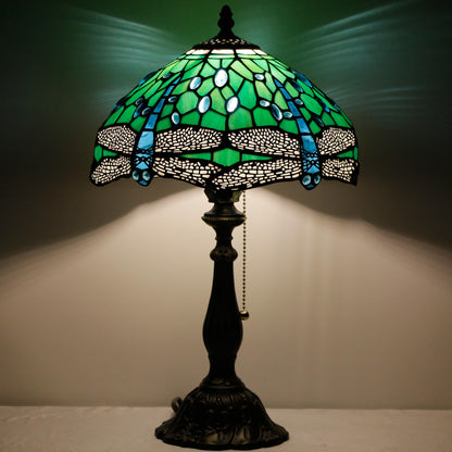 ZJART Tiffany Table Lamp Stained Glass Lamp 12X12X19 Inch Antique Reading Light (Green Dragonfly)