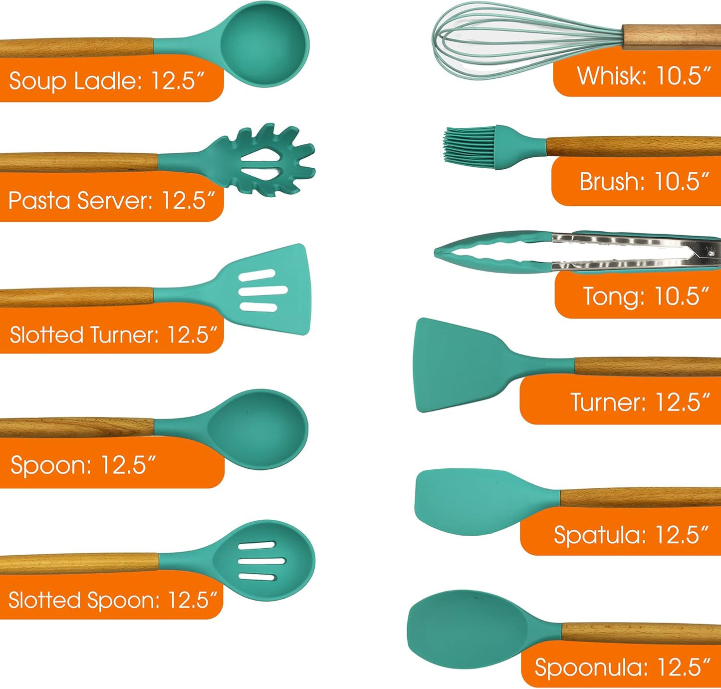 Cheer Collection 12-Piece Silicone Spatula Set with Wooden Handles, Non-Stick Cooking Utensils, Aqua Color