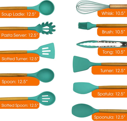 Cheer Collection 12-Piece Silicone Spatula Set with Wooden Handles, Non-Stick Cooking Utensils, Aqua Color
