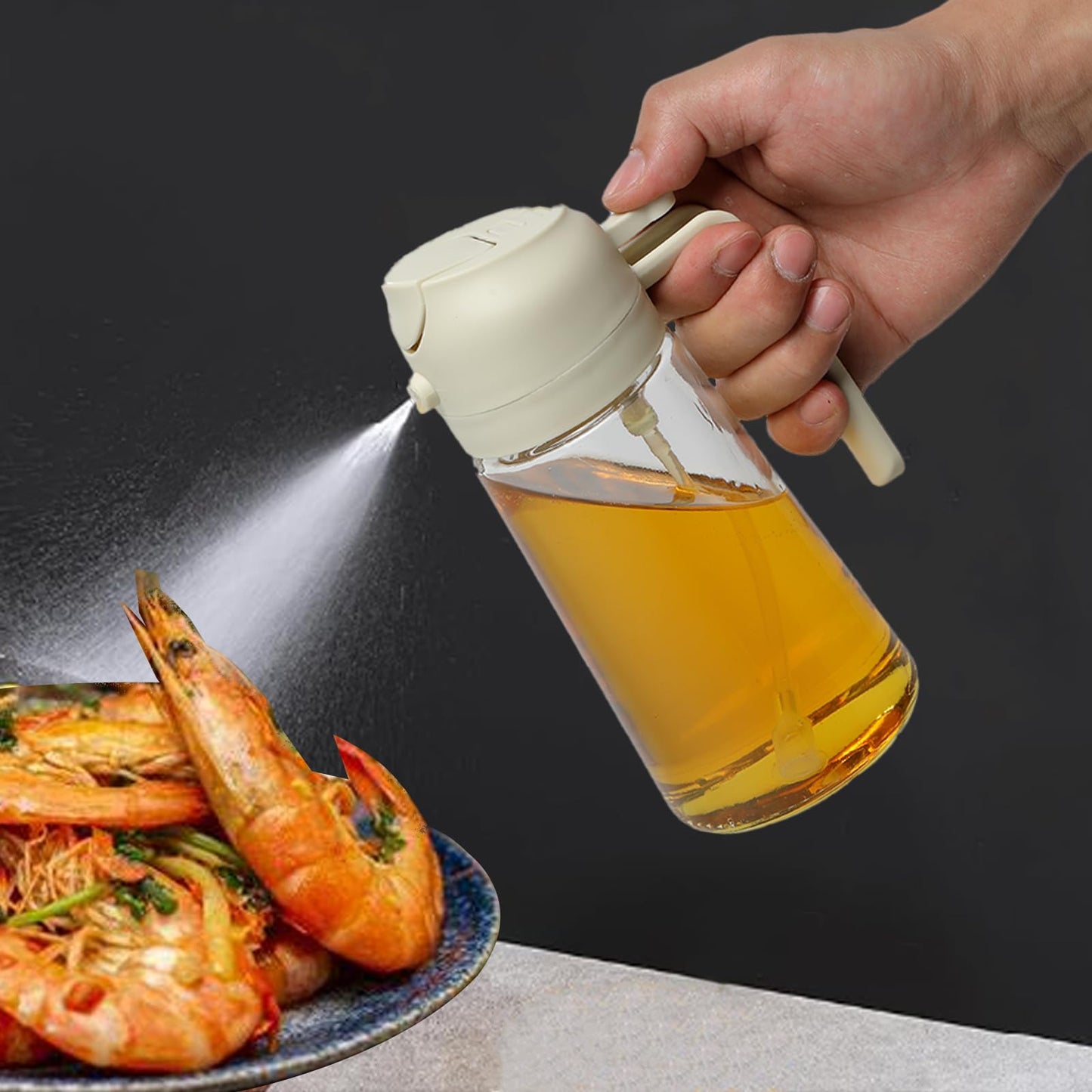 2 Pack Oil Sprayer for Cooking, 2 in 1 Olive Oil Dispenser Bottle for Kitchen, 16oz/470ml Oil Dispenser Bottle, Food-grade Glass Oil Mister for Air Fryer, Oven & Steak Frying,Black&Cream White