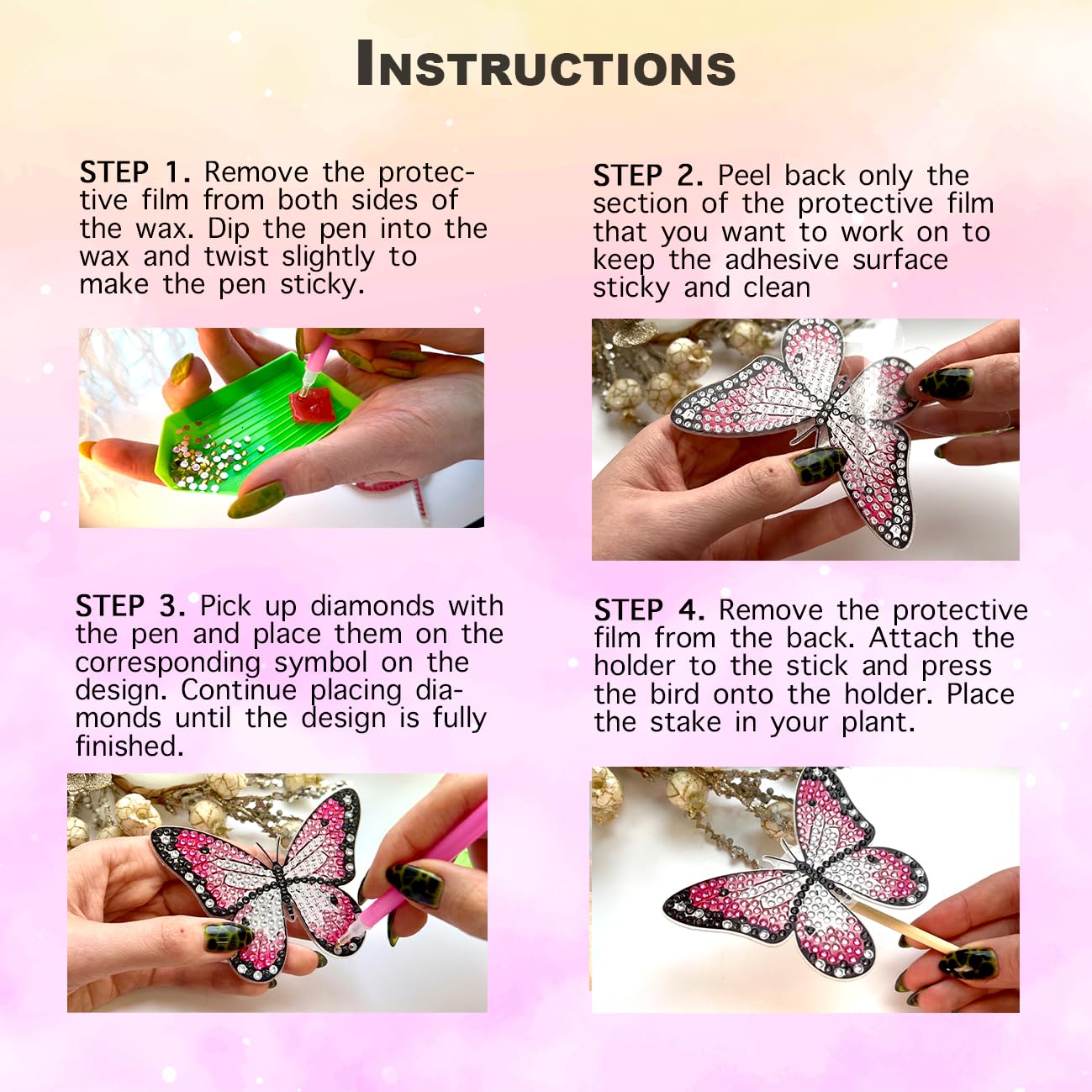 BEAUTYMEHNDI STORE 8 Pack Diamond Art Butterfly Plant Stakes – DIY Mini Diamond Painting Kit for Adults, Garden Decor, Partial Drill Jewel Art, Small Craft for Indoor & Outdoor Plants Adult