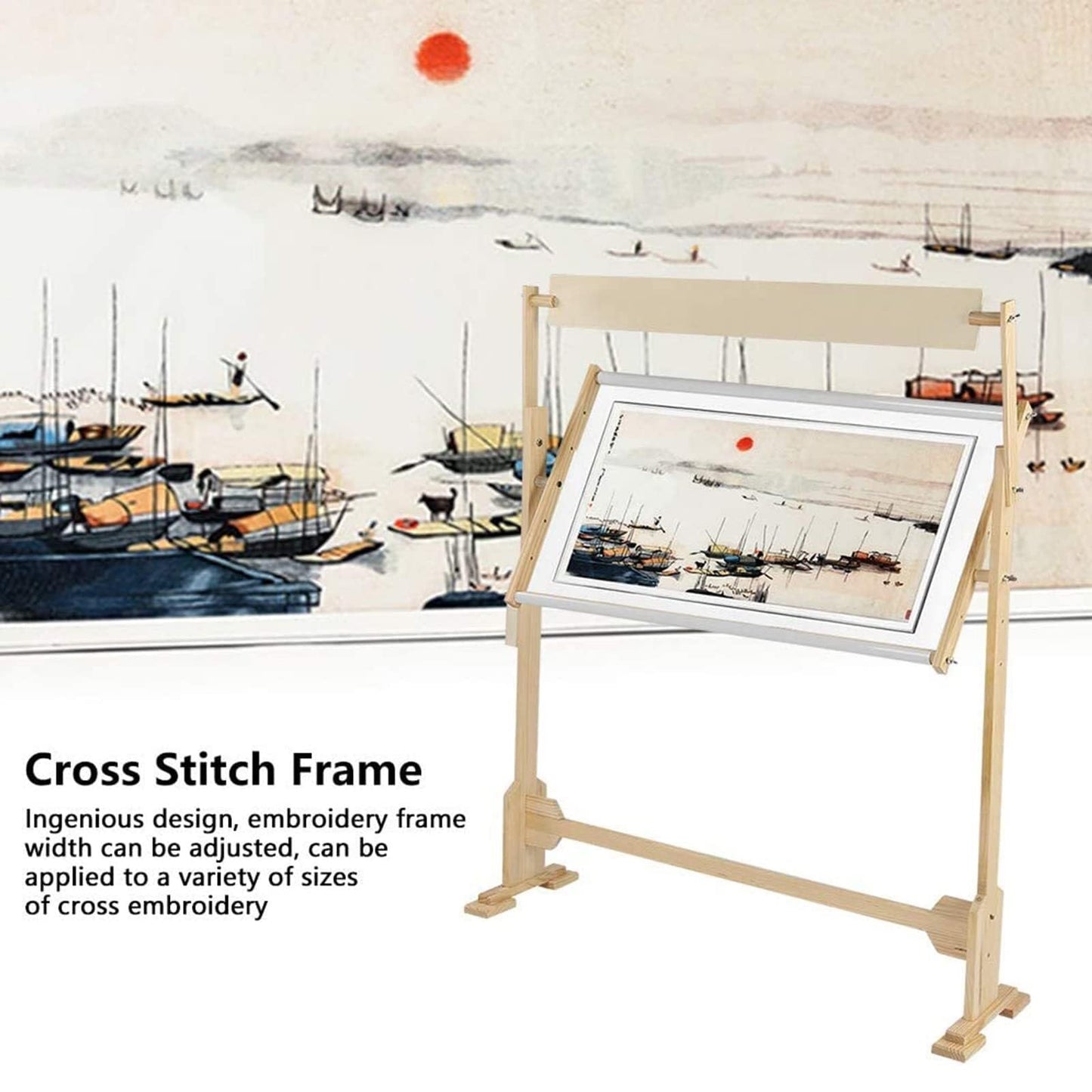 Embroidery Hoops Stand – 360° Adjustable Wooden Cross Stitch Frame, Needlework Floor Stand with Tool Box, Height & Width Adjustable