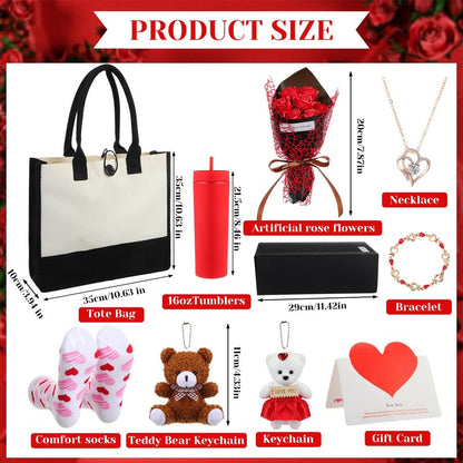 Reallnaive 9 Pcs Valentine's Day Gifts for Her, Anniversary Birthday Gifts for Wife, Gift for Women Set Includes Tumbler Artificial Flower Bouquet Keychain Necklace Bracelet Tote Bag Sock Card(Red)
