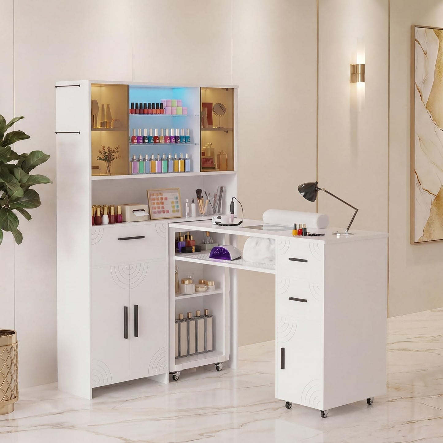 Oakvera Manicure Table with LED Display Cabinet, Mobile Nail Tech Desk Built-in Dust Collector, Nail Station with Double Tabletop, 3 Adjustable Shelves, Open Storage, Drawers & Cabinets, White