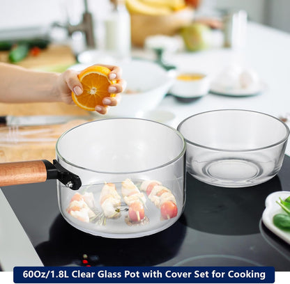 Set of 4 Glass Pots for Cooking, Heat Resistant Glass Simmer Pot with Lid for Noodle, Soup (60 oz)