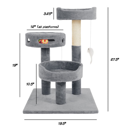 3-Tier Cat Tower with Sisal Rope Scratching Post, 2 Carpeted Napping Perches, Hanging Mouse, and Interactive Toy for Indoor Cat Use by PETMAKER (Gray)