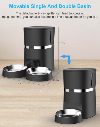 Smart Cat Feeder, WellToBe Automatic Cat Feeder WiFi Enable Pet Dog Food Dispenser App Control for Cat&Dog with Two-Way Splitter and Two Bowls, Voice Recorder Distribution Alarms, Portion Control