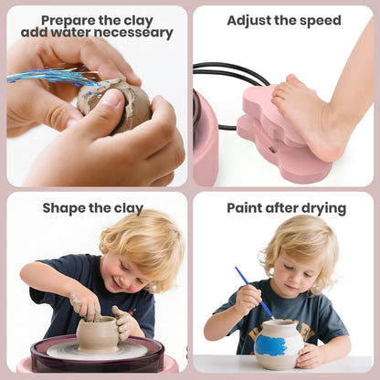 Skirfy Mini Pottery Wheel for Beginners Adults with Foot Pedal9.5" Ceramic Machine for Kids Art Craft Glow in Dark Kits 2.2LB Air-Dry Clay,Carving Tools Adjustable Speed,DIY Projects Birthday Gift