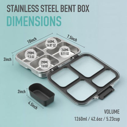 Eoika Stainless Steel Bento Box for Kids with Silicone Container, 4 Compartment Metal Lunch Box Kids Adults, Removable Silicone Seal & Clear Lid, Leak Proof Food Storage Container for MealBlack