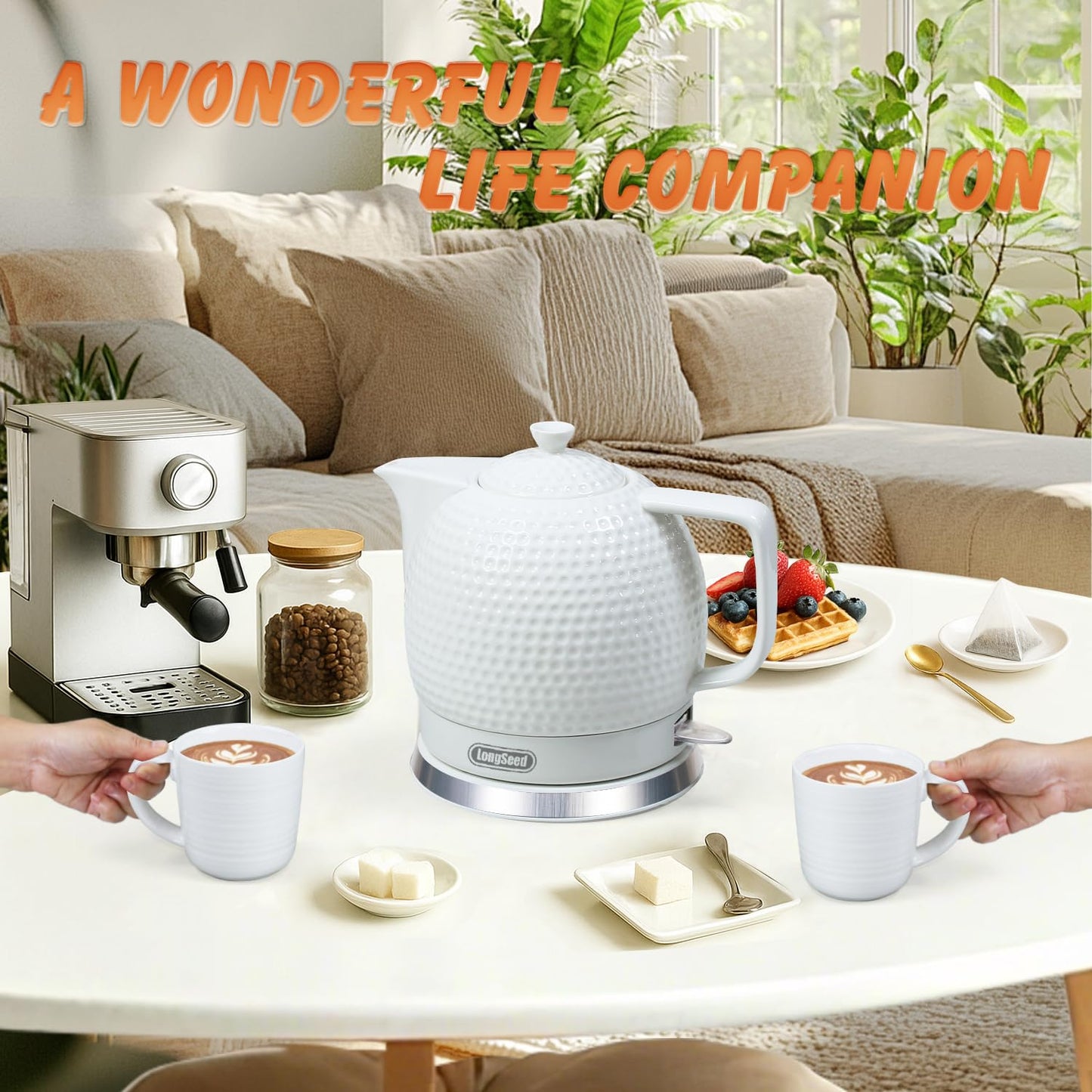 LONGSEED Electric Kettle, 1.2L Ceramic Tea Kettle with embossed design, BPA-Free,1500W Water Boiler with LED Light, Auto Shut-Off and Boil-Dry Protection,Pure white relief sculpture