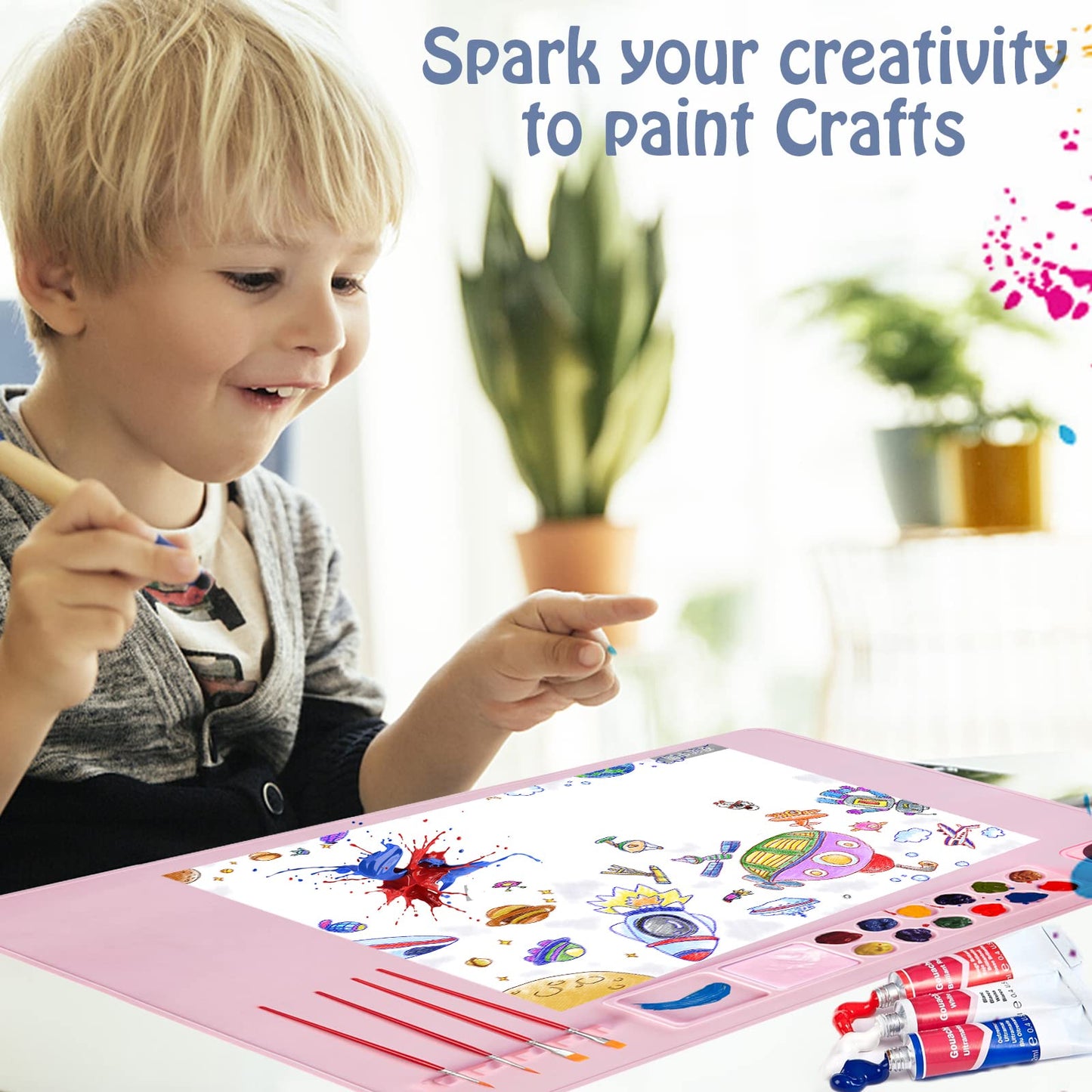 Lymoc Silicone Painting Mat,Painting Stations Kit [1x Apron,1 Pair Oversleeve,20 Pieces Brushes] Craft Silicone Mats 21"X17" with Detachable Cup for Kids Gift,Paint, Clay, DIY Projects