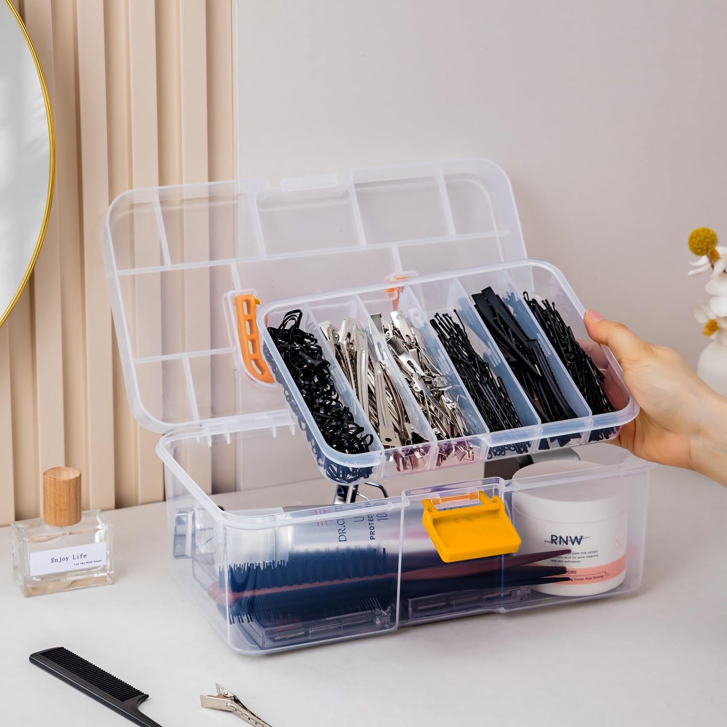 Vidifor Plastic Clear Portable Handled Storage Box with Adjustable Dividers Art Supply Organizer Multipurpose Home Utility Box for Craft, Sewing, Medicine, Makeup, Office Supplies (L, Clear)