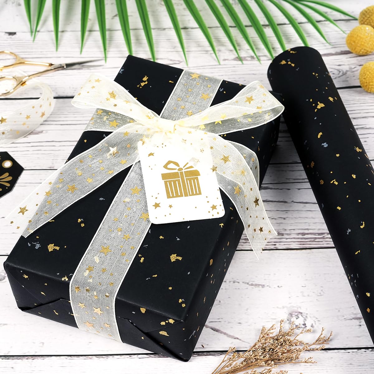 Black Wrapping Paper Roll - 17Inch×33Feet, Black and Gold Foil Wrapping Paper, Matte Kraft Gift Wrap Paper with Silver and Gold Foil Flake for Birthday Wedding Baby Shower Christmas Holiday All Occasions