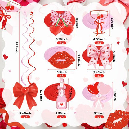 K KUMEED 20 Pcs Valentine's Day Party Decorations,Glitter Heart Cherry Bow Hanging Swirls,Red Pink Valentines Day Party Supplies Home Classroom Office Wedding Party Anniversary