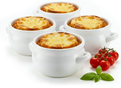 KooK French Onion Soup Crocks with Handles, Ceramic, Dishwasher, Microwave, Oven & Broil Safe, White Set of 4, 18 oz