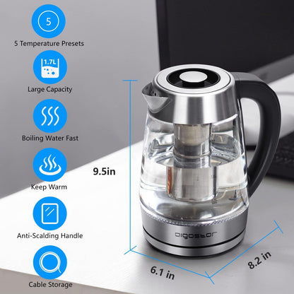 1500W 1.7L Aigostar Electric Kettle, Tea Kettle with Temperature Control and Tea Infuser, Hot Water Kettle