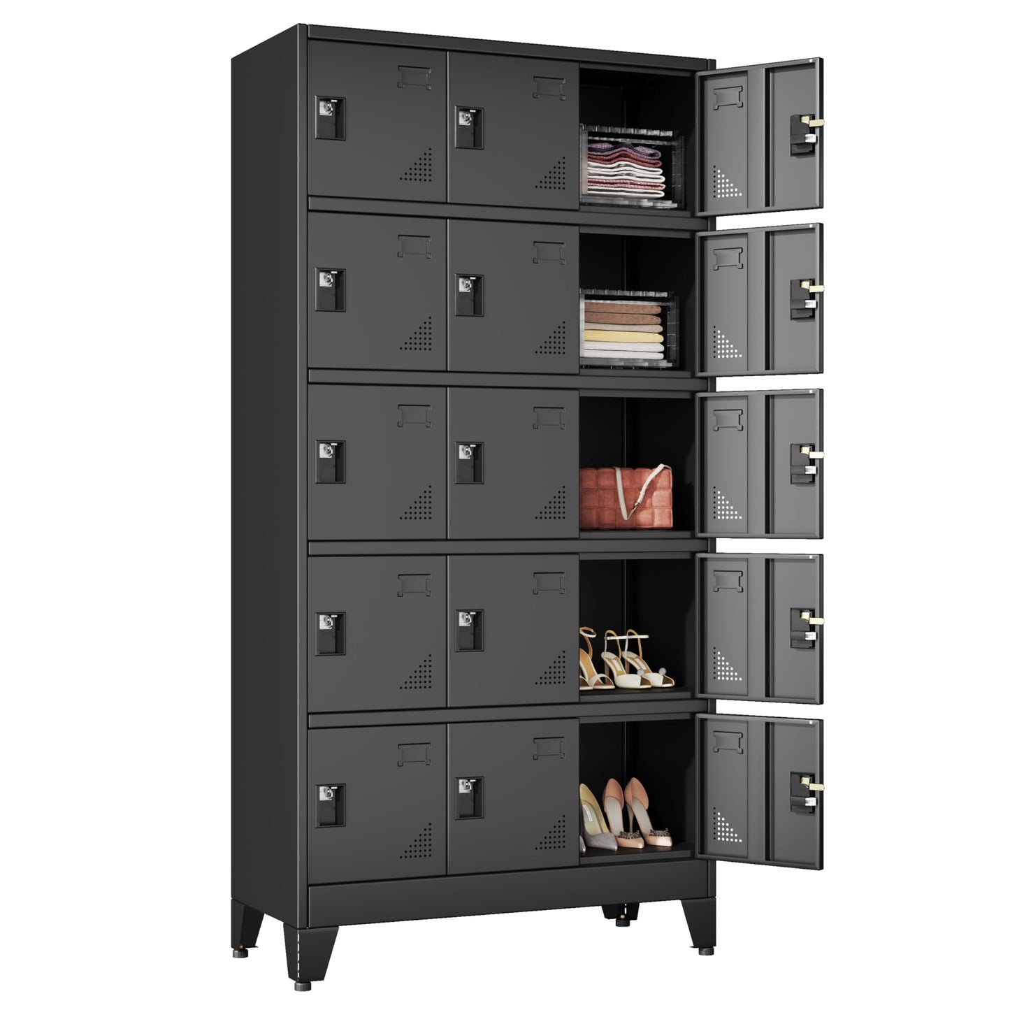 Lusiwry Metal Lockers for Employees-15 Doors Storage Locker with Shelves and Lockable Steel Cabinet for School,Gym,Office,Staff,Assembly Required,Black