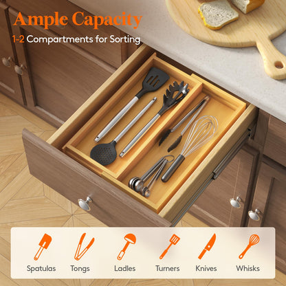 Lifewit Utensil Organizer for Kitchen Drawer, Expandable 13 to 22.4 Inches Wide, Adjustable Cooking Silverware Tray, Bamboo Cutlery Flatware Holder, Spatula Tools and Gadgets Storage Divider, Natural