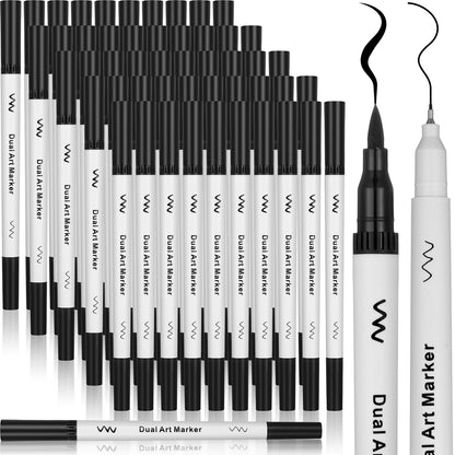 Affrolling 50 Pcs Black Drawing Pens Bulk Dual Brush Fineliners Pens Felt Tip Markers for Art Drawing Sketching