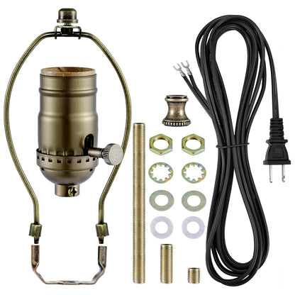 Lamp Rewire Kit - 3-Way Socket With Matching Cord and Harp Set for Table or Floor Lamp Repair, Essential Hardware for DIY Design (Antique Brass, 1)