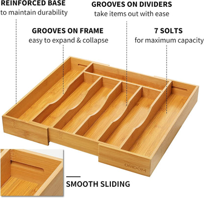 Expandable Bamboo Kitchen Drawer Organizer for Cutlery and Utensils, Adjustable Bamboo Wood Cutlery Tray in Drawer for Flatware and Silverware in Kitchen, (Natural)