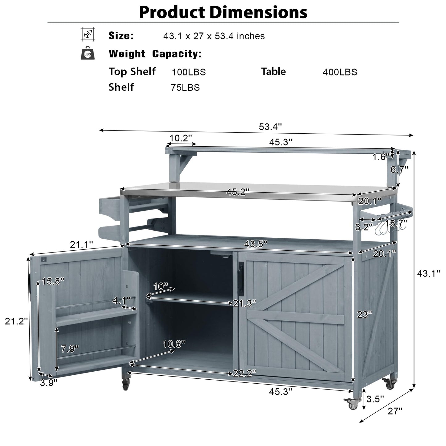 Amposei Outdoor Grill Table Cart 53.3-Inch Solid Wood Garden Patio Rolling Bar Storage Cabinet Kitchen Island with Stainless Steel Top & Lockable Wheels for Food Prep and BBQ, Grey Blue
