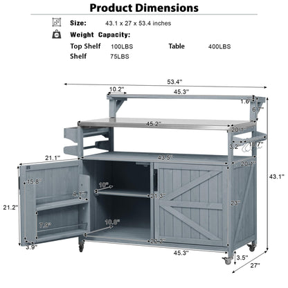Amposei Outdoor Grill Table Cart 53.3-Inch Solid Wood Garden Patio Rolling Bar Storage Cabinet Kitchen Island with Stainless Steel Top & Lockable Wheels for Food Prep and BBQ, Grey Blue