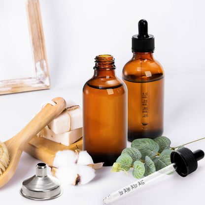 Jucoan 16 Pack Dropper Bottles, 4 oz/120ml Amber Glass Tincture Bottles with Graduated Glass Eye Droppers for Essential Oils, Perfume, 2 Stainless Steel Funnels,16 Chalkboard Labels
