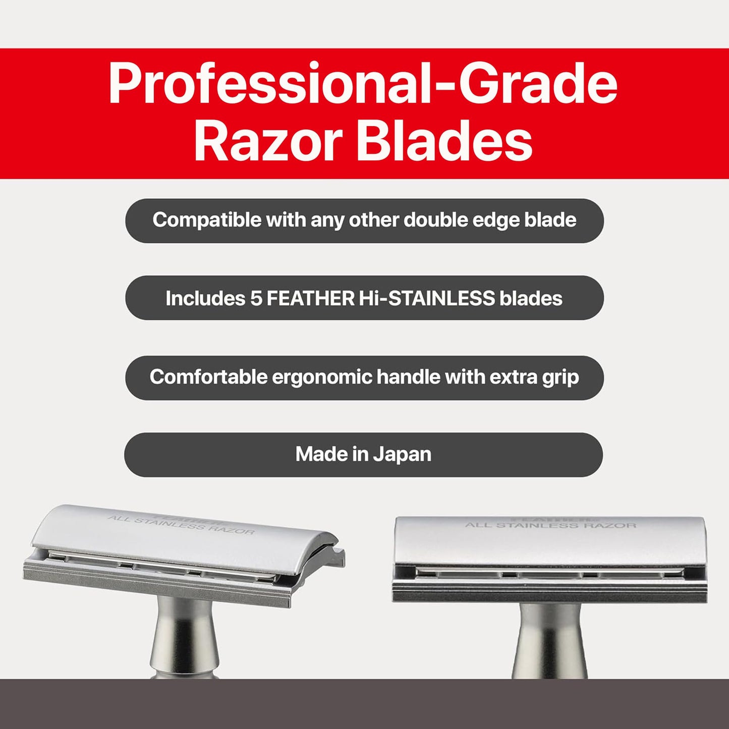 Feather - Wood Handle Stainless Double Edge Razor with Wood Inlay Stainless Steel Stand - With Resin-Impregnated Handle & Stand - Includes 5 Hi-Stainless Blades - Made in Japan