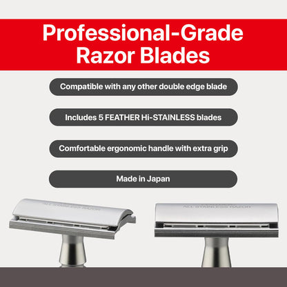 Feather - Wood Handle Stainless Double Edge Razor with Wood Inlay Stainless Steel Stand - With Resin-Impregnated Handle & Stand - Includes 5 Hi-Stainless Blades - Made in Japan