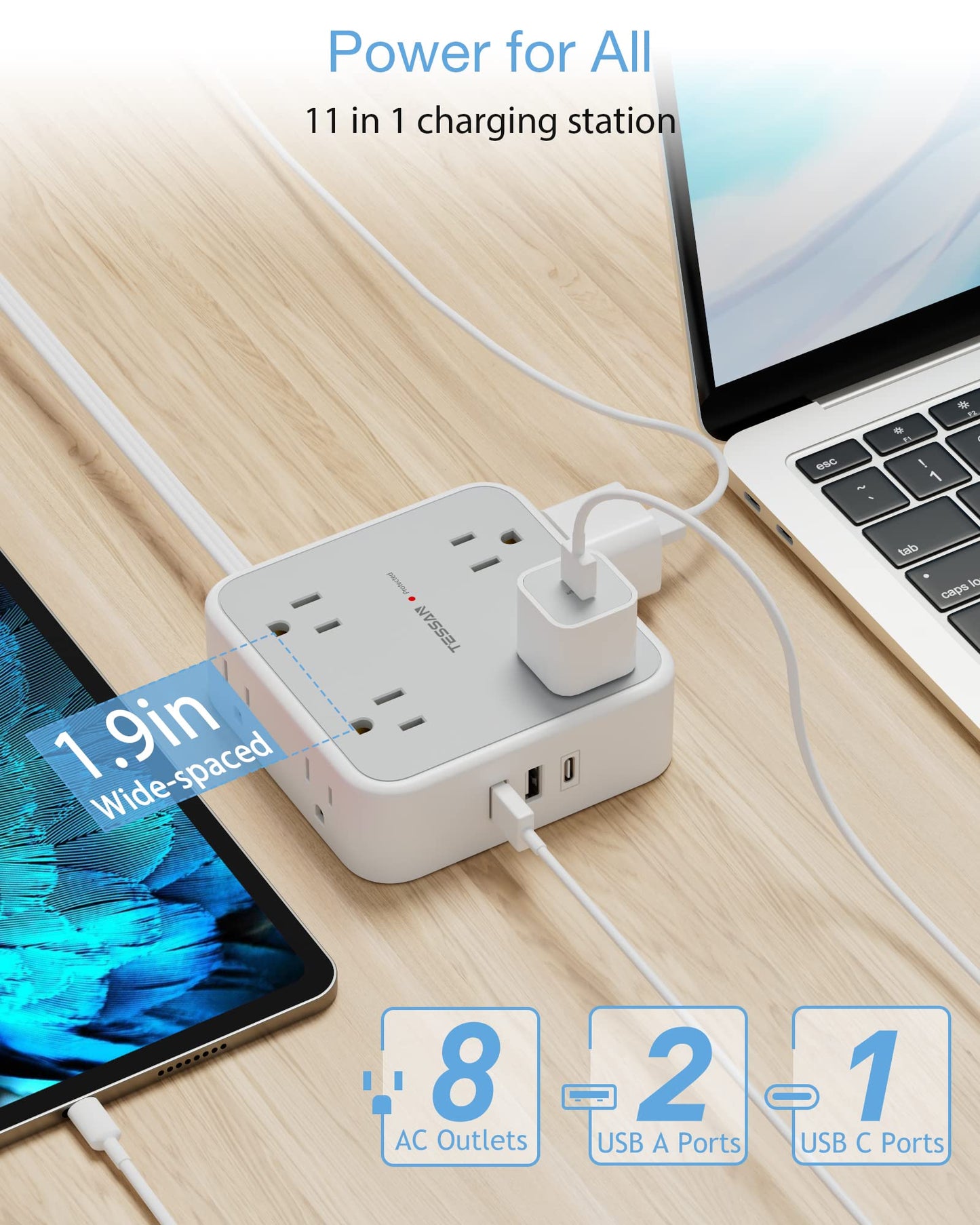 TESSAN Surge Protector Power Strip, 5 Ft Flat Plug Extension Cord with 3 USB (1 USB C) 8 Outlets, 900J Surge Protection, 3 Sided Outlet Extender with Power Switch for Office, Dorm Room Essentials