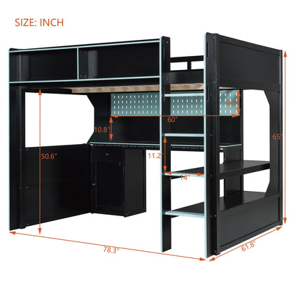 Merax Full Size Gaming Loft Bed with Integrated Desk and Lights, Modern Wooden Bed Frame with Desk and Built-in Charging Station, Black+Blue