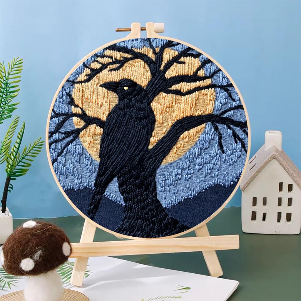 Punch Needle Kits Black Raven on Black Tree Under Moon DIY Embroidery Starter Set with Hoop Easy for Beginners Stress Relief Handmade Craft Hobby and Home Decor 20x20cm-3