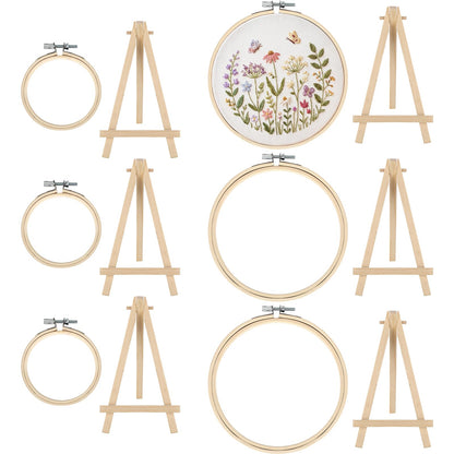 Novabright 12 Pcs Medium Bamboo Embroidery Hoops with Triangle Display Stands Include 7.9'' and 9.8'' Round Hoops Frame Cross Stitch Wood Holder Easels for Desk Display Decor Craft Works