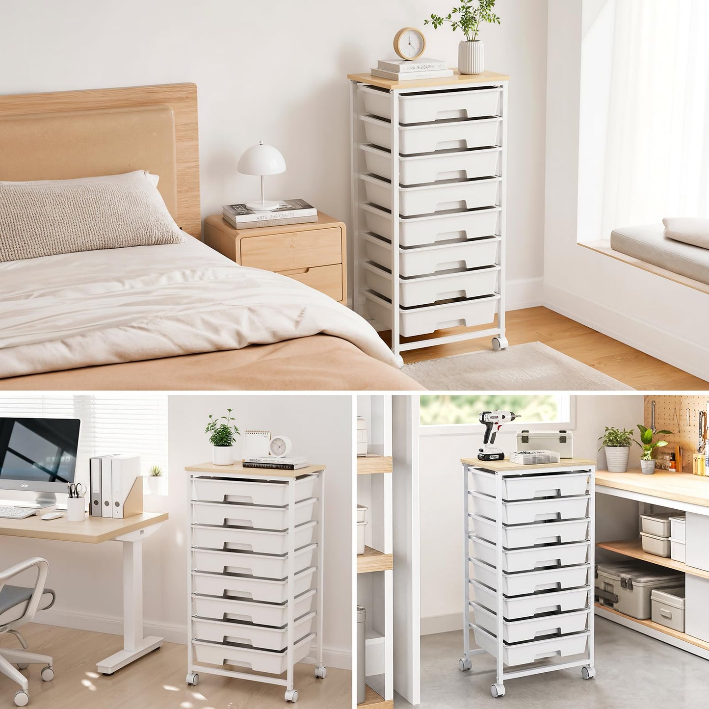 LEHOM Rolling Storage Cart with 8 Drawers, Utility Cart on Wheels with Metal Frame and Wooden Tabletop for Living Room Bedroom Dorm, Office Storage & Art Supply Craft Organizer for Classroom