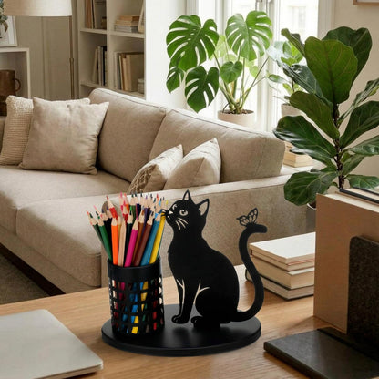 Tandefio Cat Pen Holder for Desk Cute Black Pencil Holder Metal Desk Accessories Organizer Makeup Brush Pen Cups for Back to School Stationery Office Home Decor Table Centerpiece Lover Gifts Women