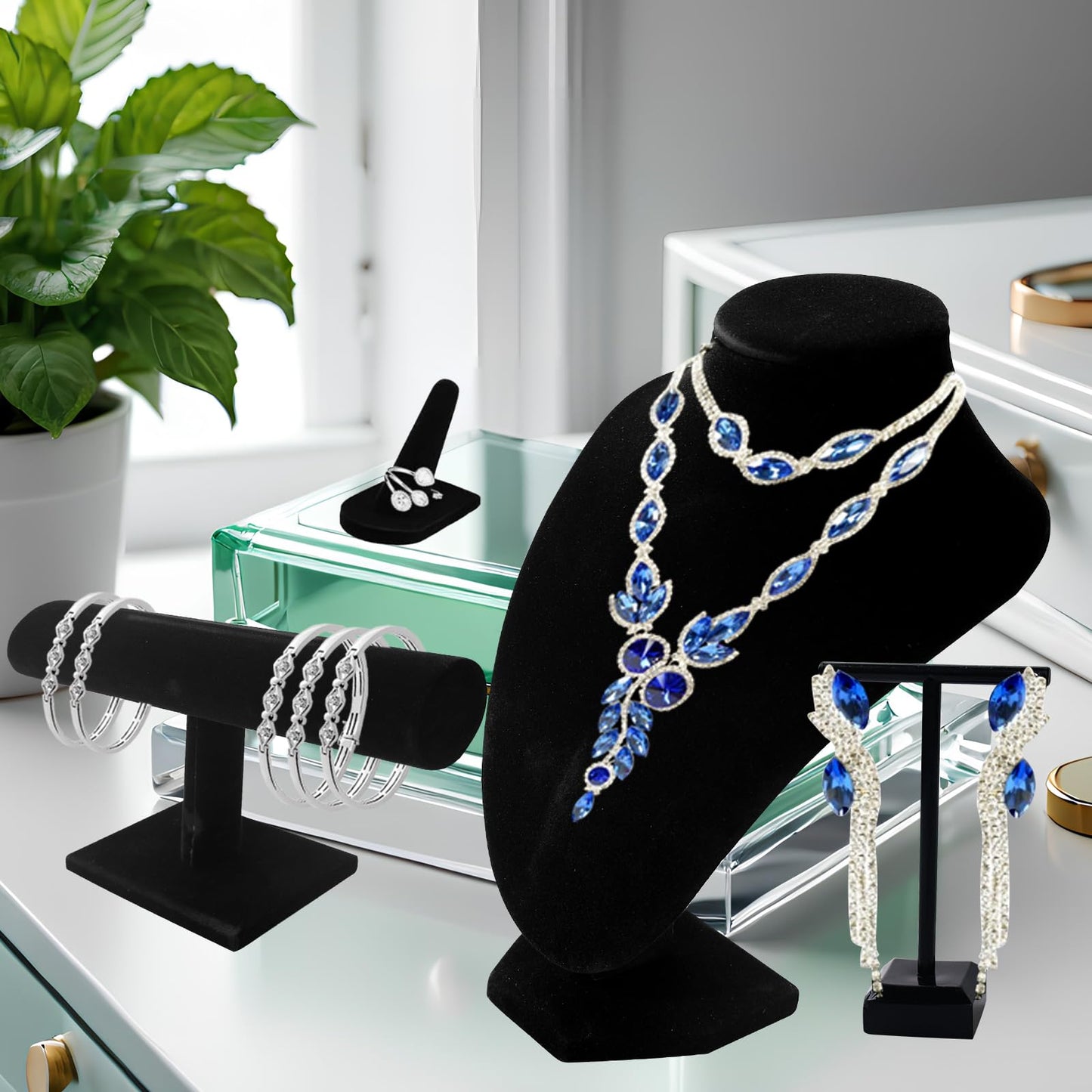 SENONAPO 6 Pcs Velvet Jewelry Display Set- Velvet Necklace Bust Holder Mannequin Bust & T-Bar 2 T Shape Earring Stand 2 Ring Finger Jewelry Holder Bracelet Organizer for Jewelry Showcase