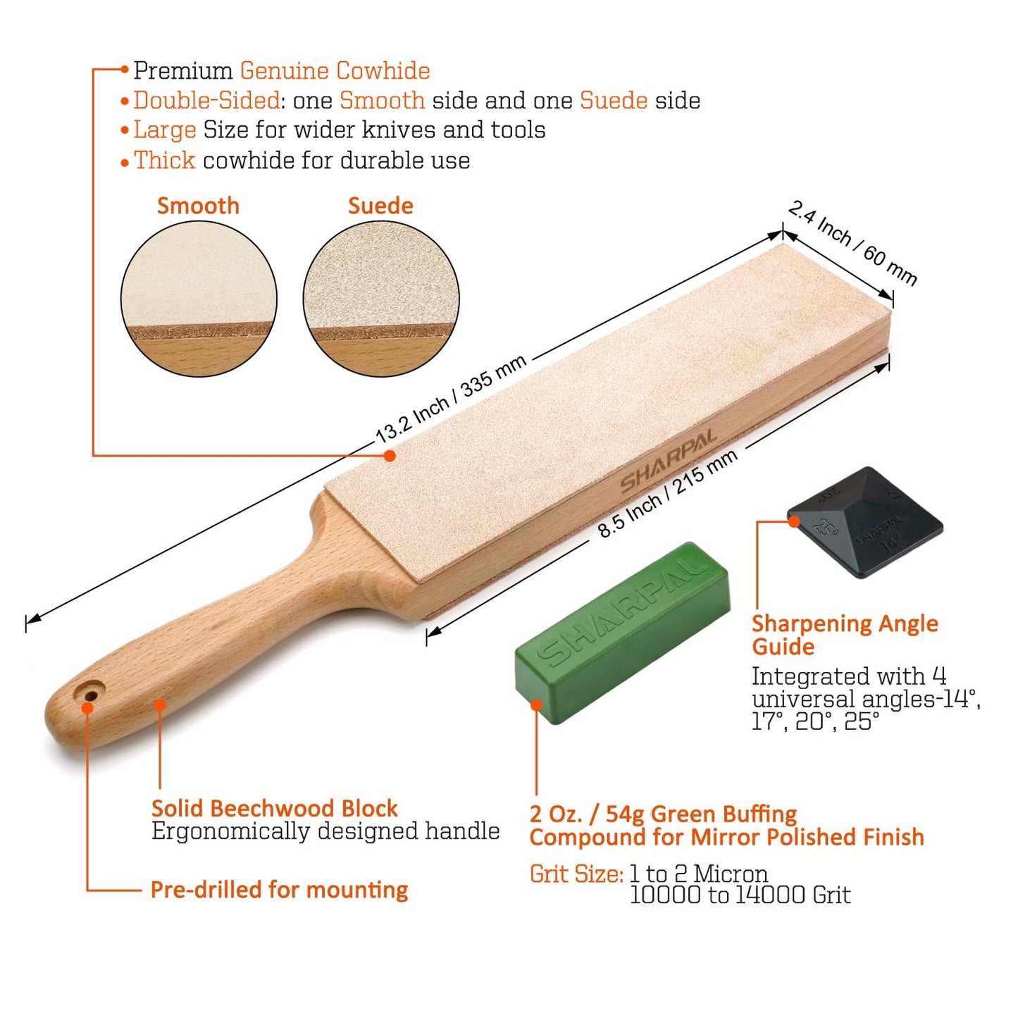 SHARPAL 205H Double-Sided Leather Strop 13.2" x 2.4" Kit, Genuine Cowhide Stropping Block with 2 oz Polishing Compound & Angle Guide, Knife Strop for Honing Knives, Tools, Fathers Day Gift