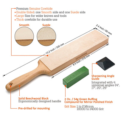 SHARPAL 205H Double-Sided Leather Strop 13.2" x 2.4" Kit, Genuine Cowhide Stropping Block with 2 oz Polishing Compound & Angle Guide, Knife Strop for Honing Knives, Tools, Fathers Day Gift