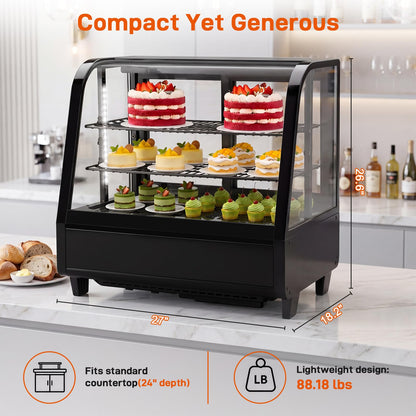 Commercial Cake Display Refrigerator, 100L Countertop Curved Glass Cooler with LED Light, Digital Thermostat, Frost-Free Pastry Showcase, Tempered Glass & Rear Sliding Doors for Bakery/Cafe/Home