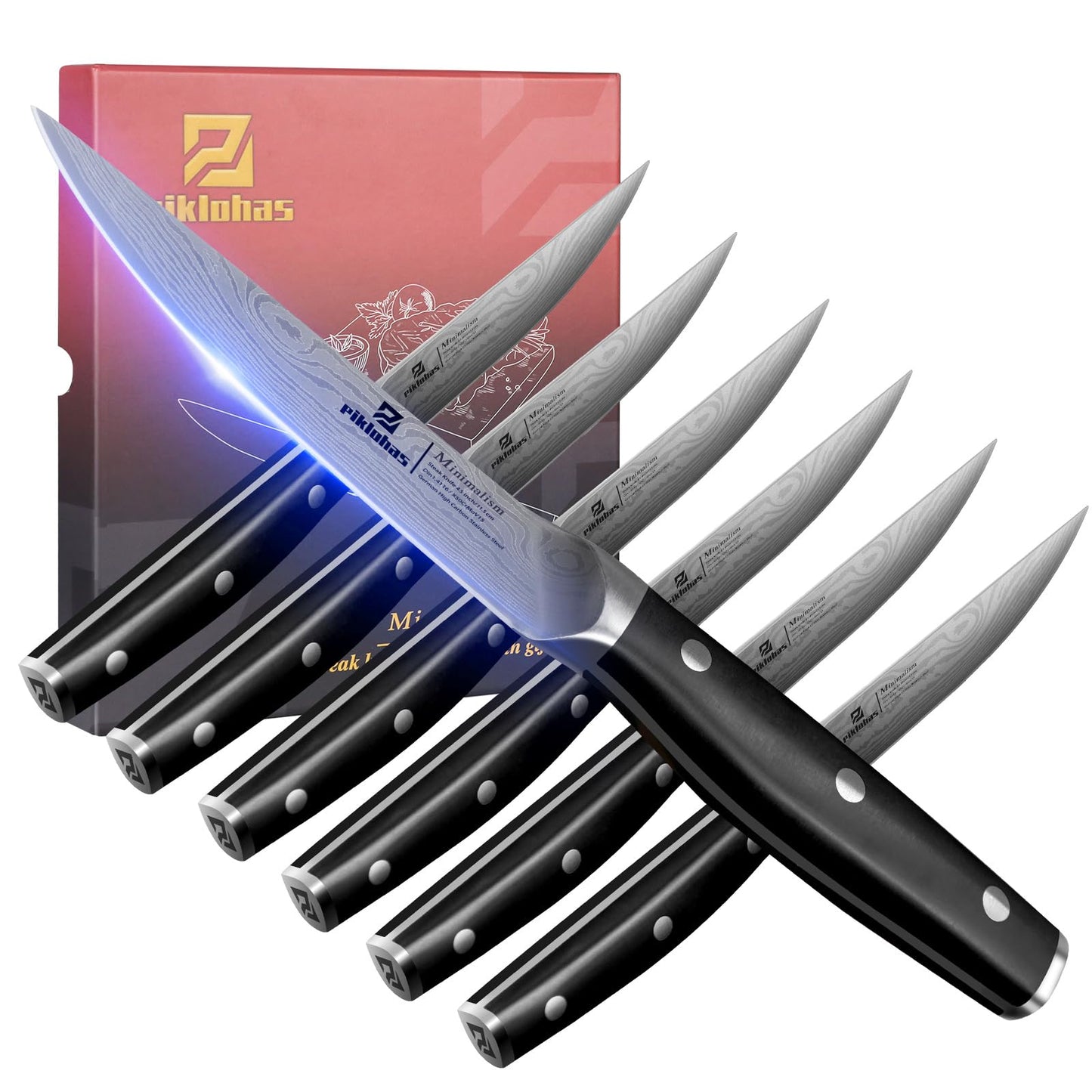 Piklohas Steak Knives Set of 6, 4.6 Inch Non Serrated Dinner Knife, Forged German Steel Damascus Pattern Straight Edge Meat Knife with Full Tang Handle, Dishwasher Safe, Ideal for Gift